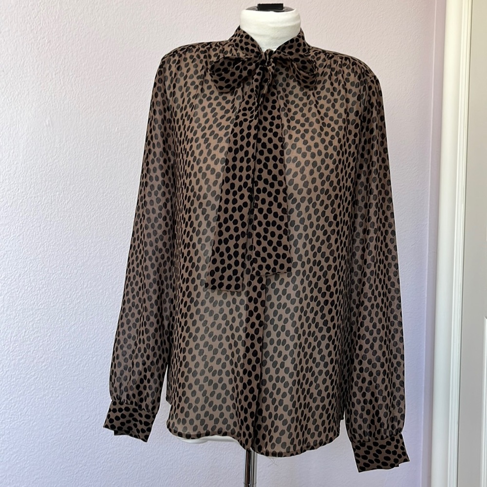 Chiffon Polka Dot, Bow, Long Sleeved Blouse